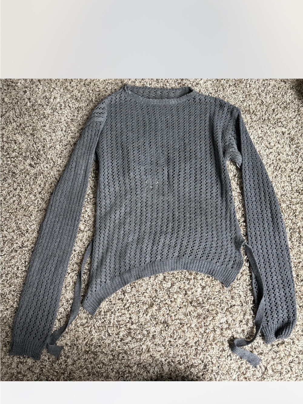 Open-Knit Crewneck Sweater with Side Ties — Gray